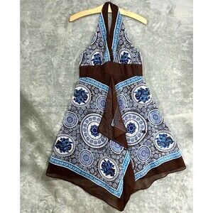 Vintage Y2K Bandana Diamond-Cut Dress Brown & Blue Chiffon Paisley Sz 10